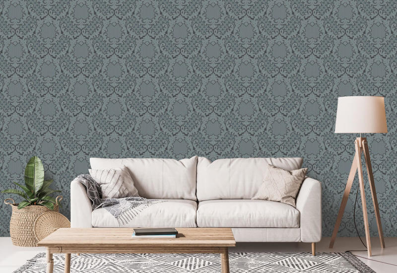 Shadow Leaf Damast Tinnen blauw behang