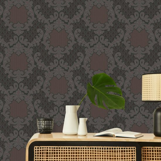 Shadow Leaf Damask Red Night Wallpaper