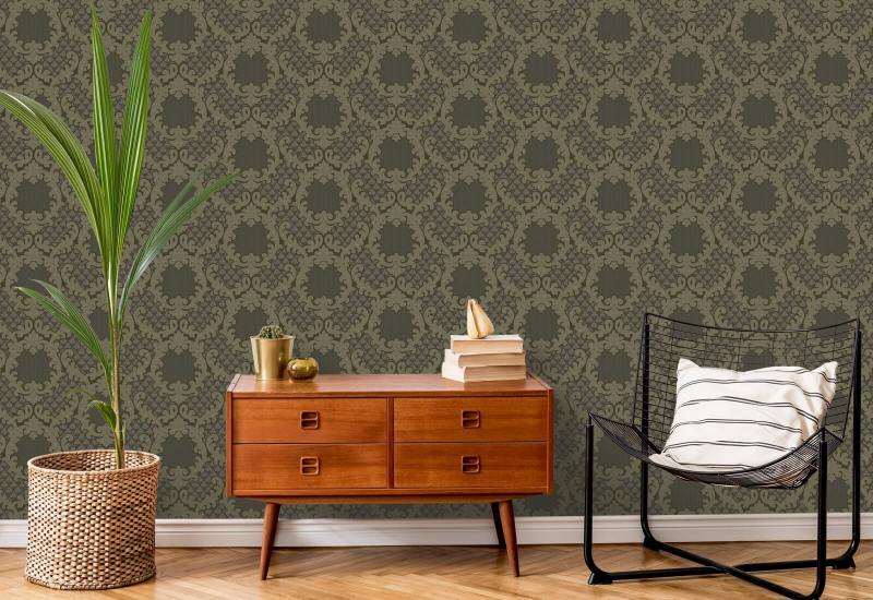 Shadow Leaf Damask Smoke Room Wallpaper