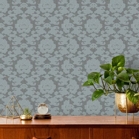 Silken Poppy Faded Denim Wallpaper