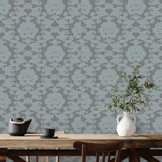 Silken Poppy Faded Denim Wallpaper