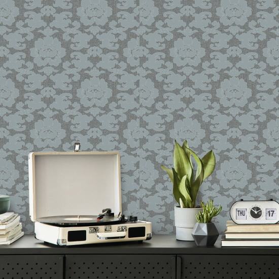 Silken Poppy Faded Denim Wallpaper