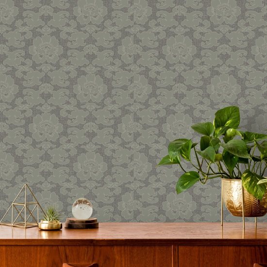 Silken Poppy Olive Ash Wallpaper