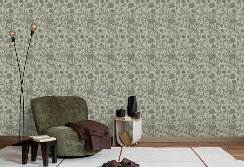 Fourré fleuri Papier peint taupe vert
