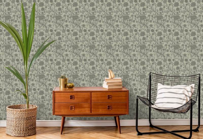 Bloeiend struikgewas Groen taupe behang