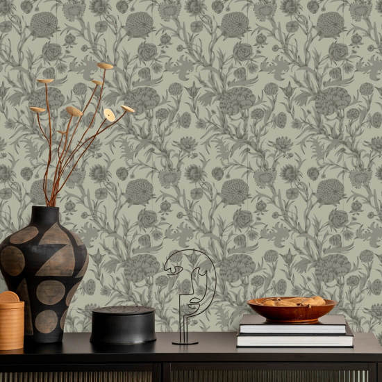 Fourré fleuri Papier peint taupe vert