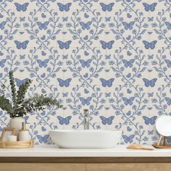Butterfly Garden Porcelain Blue Wallpaper