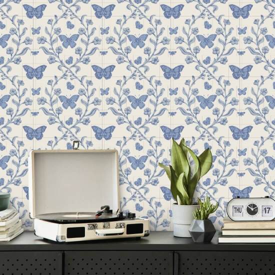 Butterfly Garden Porcelain Blue Wallpaper