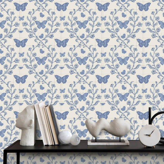 Jardin des papillons Papier peint bleu porcelaine