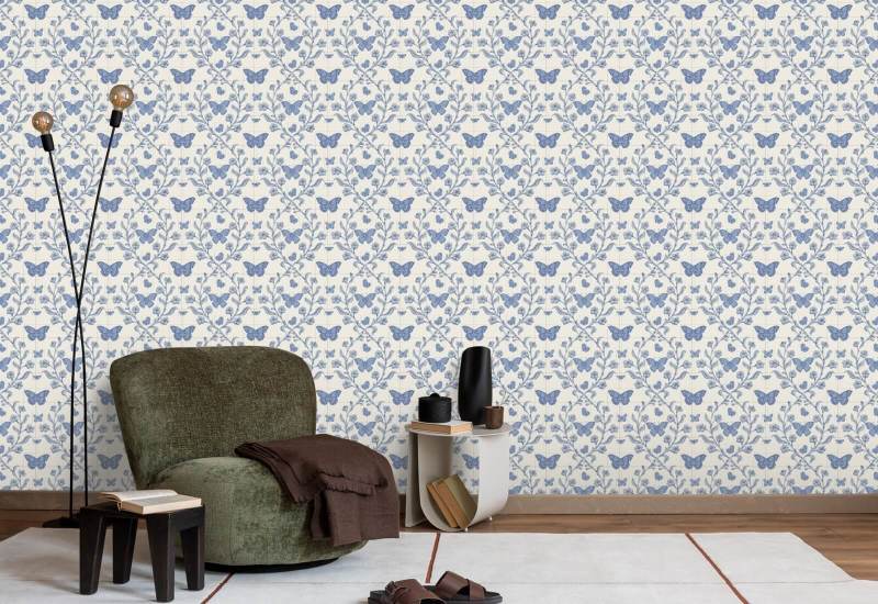 Butterfly Garden Porcelain Blue Wallpaper