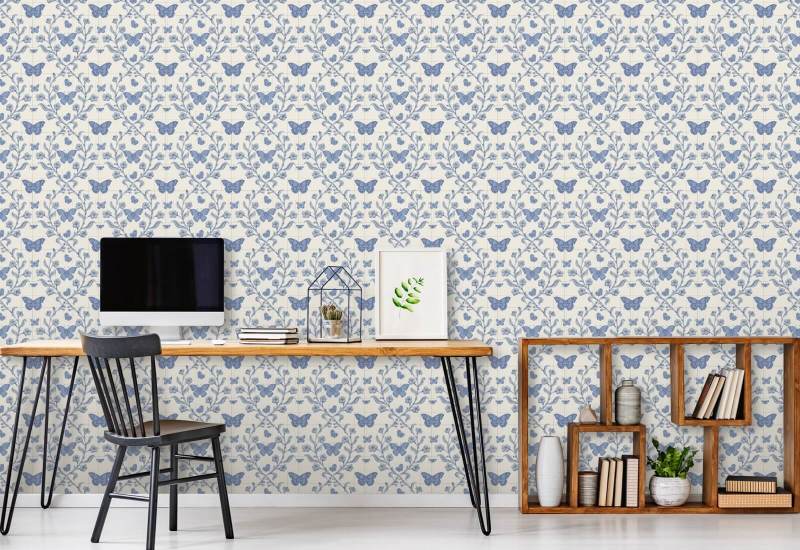 Butterfly Garden Porcelain Blue Wallpaper
