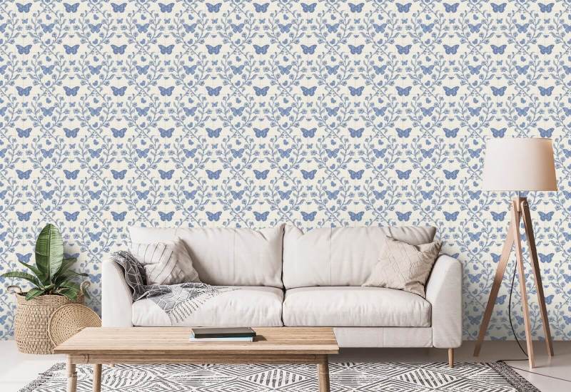 Butterfly Garden Porcelain Blue Wallpaper