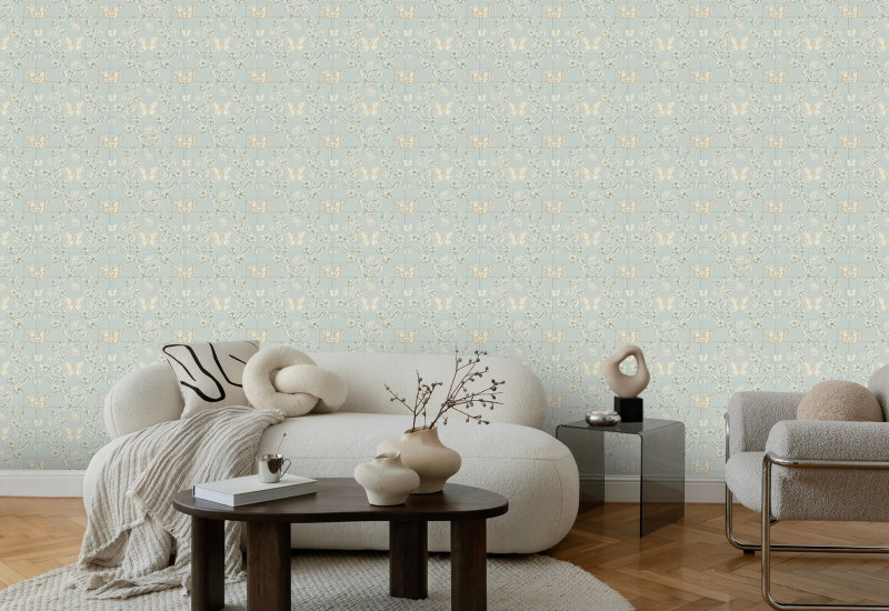 Vlindertuin Verzilverd blauw behang