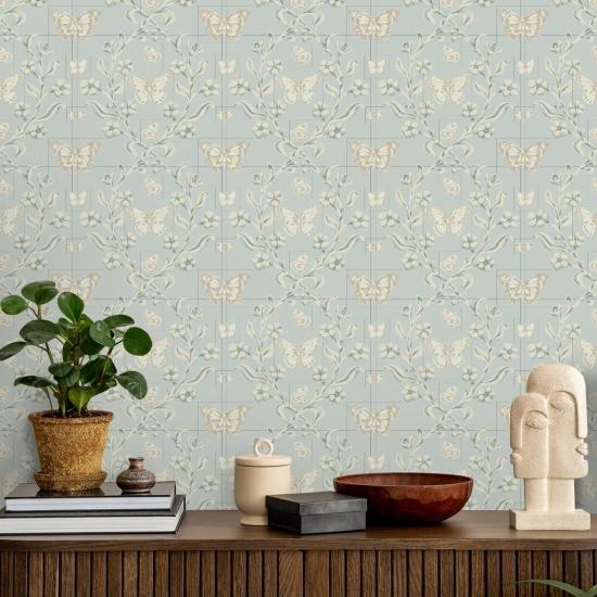 Butterfly Garden Silvered Blue Wallpaper