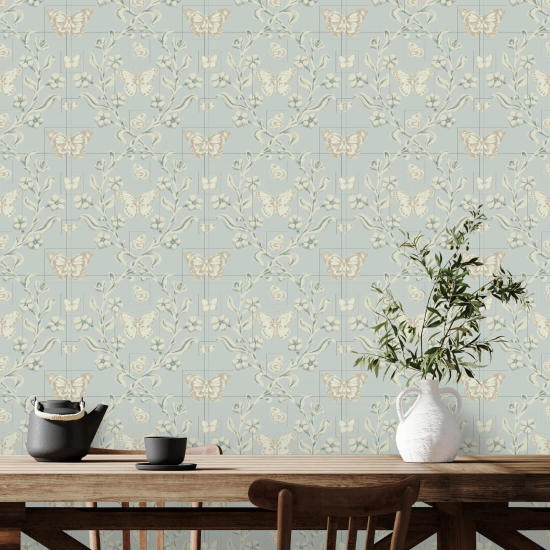 Butterfly Garden Silvered Blue Wallpaper