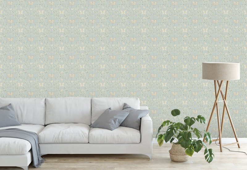 Jardin des papillons Papier peint bleu argenté
