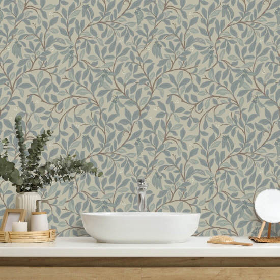 Leaf and Pod Linen Stone Wallpaper