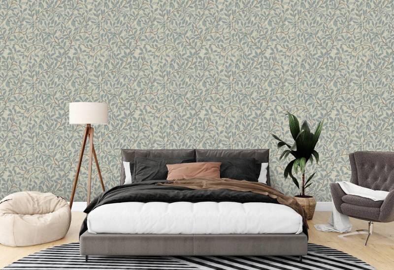 Leaf and Pod Linen Stone Wallpaper