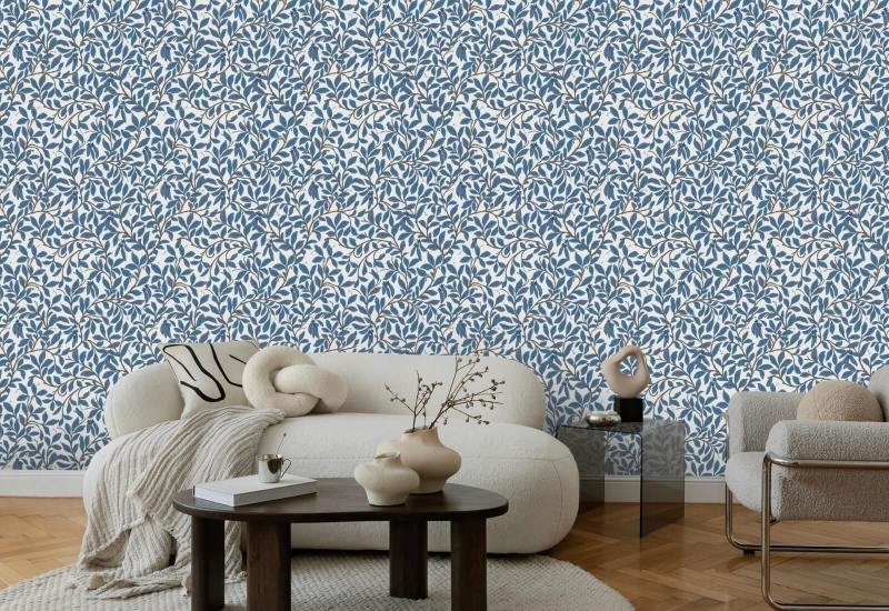 Leaf and Pod Navy White Wallpaper