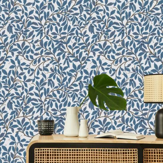 Leaf and Pod Navy White Wallpaper