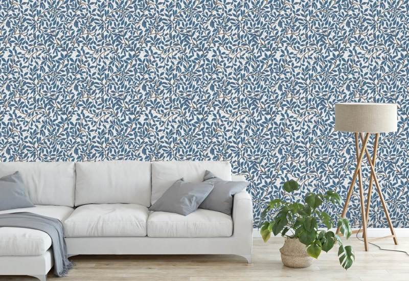 Leaf and Pod Navy White Wallpaper