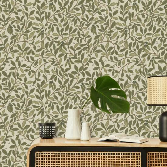 Feuille et gousse Papier peint vert taupe
