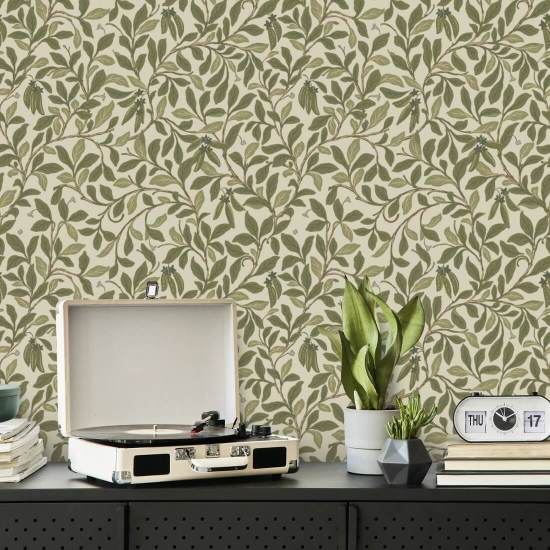 Leaf and Pod Taupe Green Wallpaper