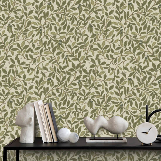Leaf and Pod Taupe Green Wallpaper