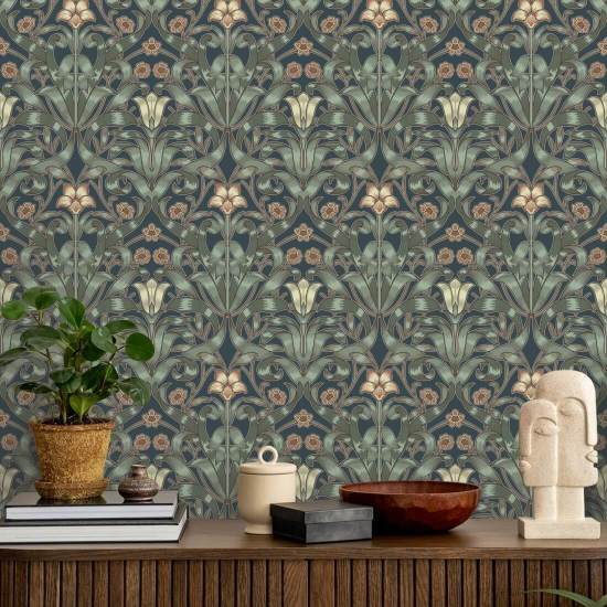Ribbon Lily Oxford Blue Wallpaper