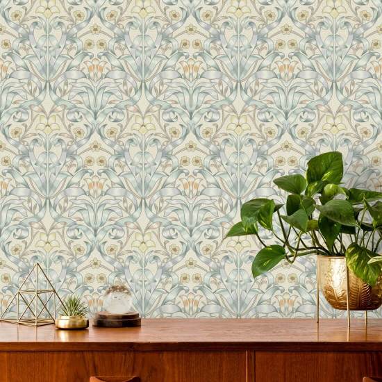 Ribbon Lily Silvered Blue Wallpaper