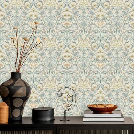 Ribbon Lily Silvered Blue Wallpaper