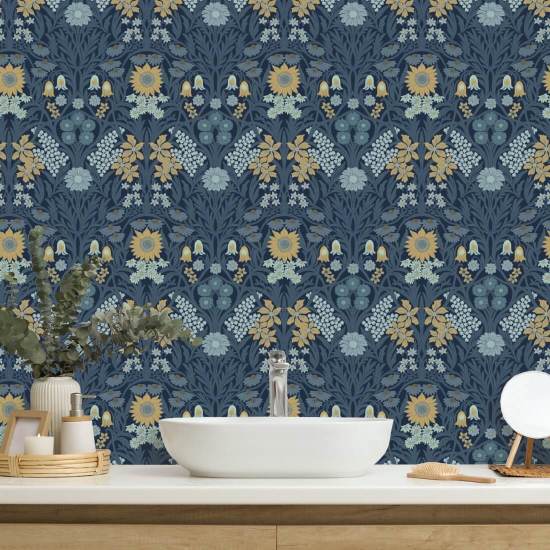 Wilde weide Marineblauw Indigo-behang