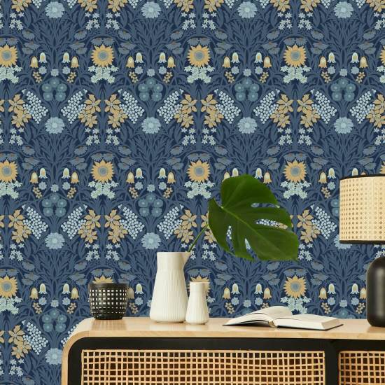 Wilde weide Marineblauw Indigo-behang
