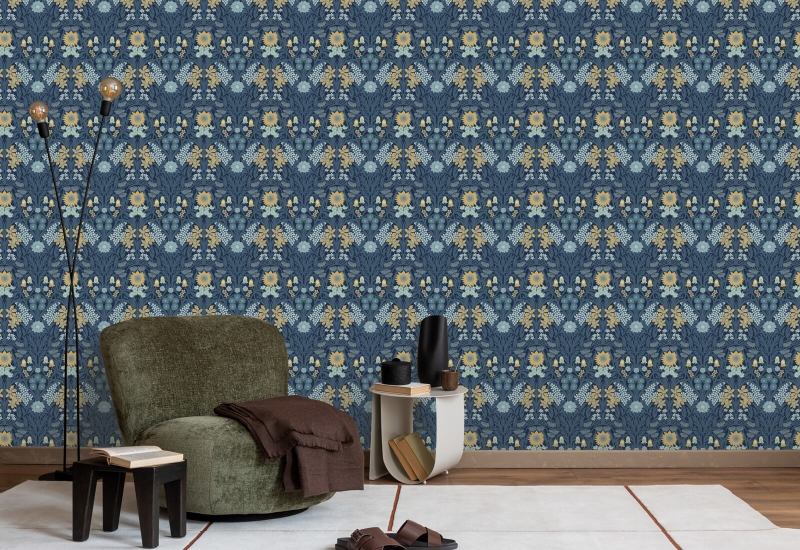 Wilde Wiese Marineblaue Indigo-Tapete