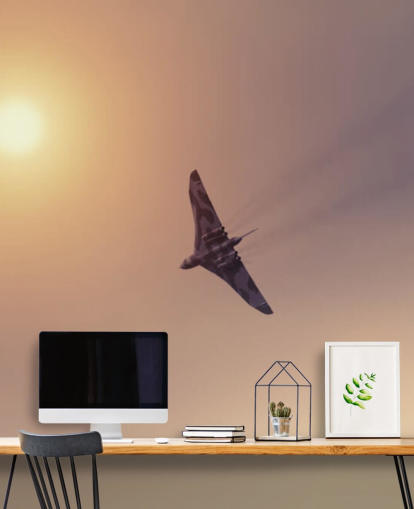 tilpassbart fly-tapetveggmaleri kalt Vulcan Bomber Towards the Sun