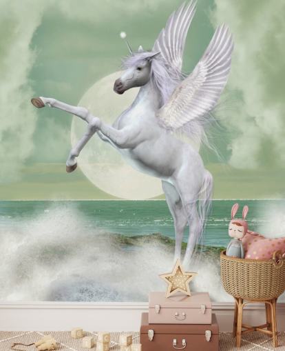 Weiße Einhorn-Bucking Tapete