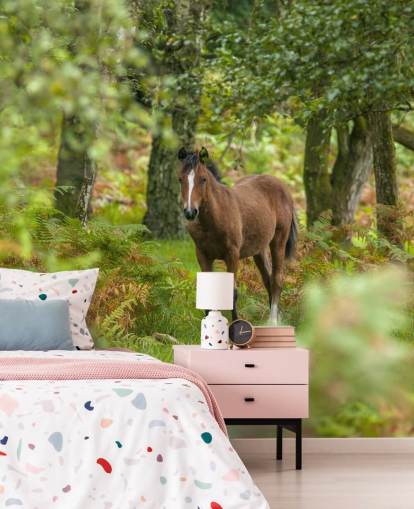 green and brown horse in forest wall mural called Wild Horse, New Forest by Assaf Frank