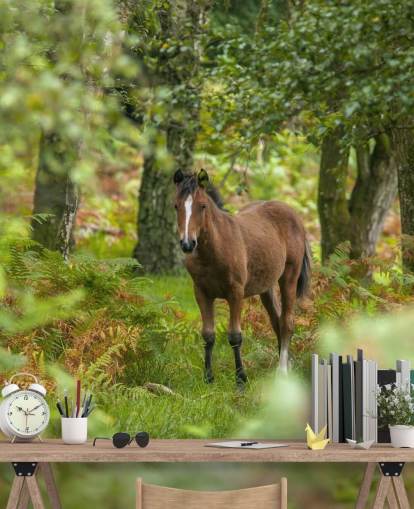 mural de pared de caballo verde y marrón en el bosque llamado Wild Horse, New Forest de Assaf Frank