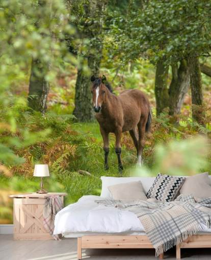 groen en bruin paard in het bos muurschildering genaamd Wild Horse, New Forest van Assaf Frank