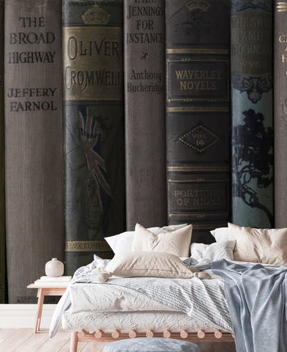 mural de estantería oscura marrón y verde llamado Old Books on a Shelf Wall Mural