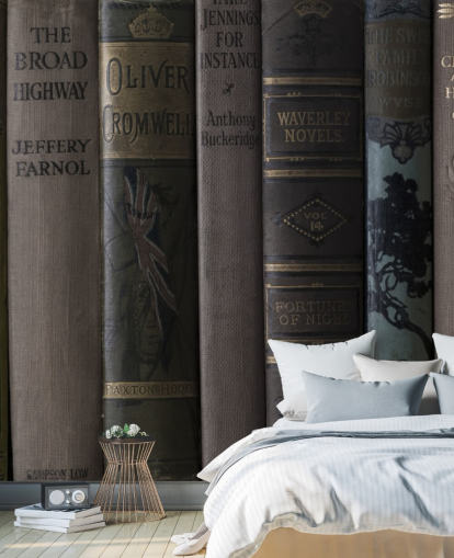 brown and green dark bookcase mural called Old Books on a Shelf Wall Mural brown and green dark bookcase mural called Old Books on a Shelf Wall Mural