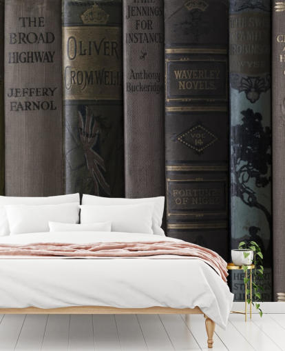 brown and green dark bookcase mural called Old Books on a Shelf Wall Mural brown and green dark bookcase mural called Old Books on a Shelf Wall Mural