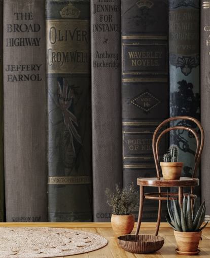 murale de bibliothèque foncée marron et vert appelée Old Books on a Shelf