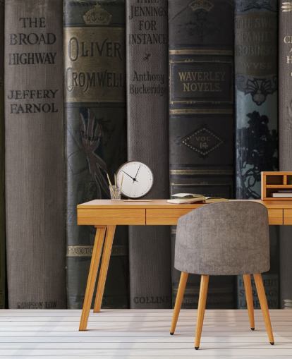 mural de estante escura marrom e verde chamado Old Books on a Shelf Wall Mural mural de estante escura marrom e verde chamado Old Books on a Shelf Wall Mural