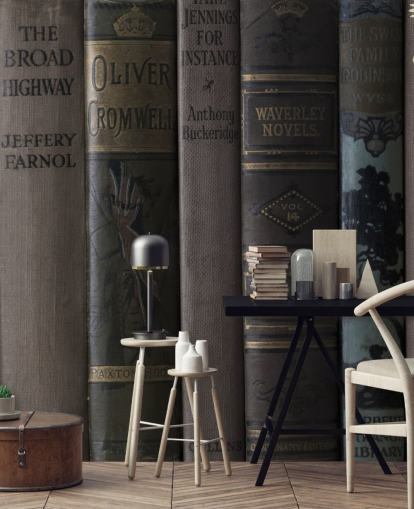 mural de estante escura marrom e verde chamado Old Books on a Shelf Wall Mural mural de estante escura marrom e verde chamado Old Books on a Shelf Wall Mural