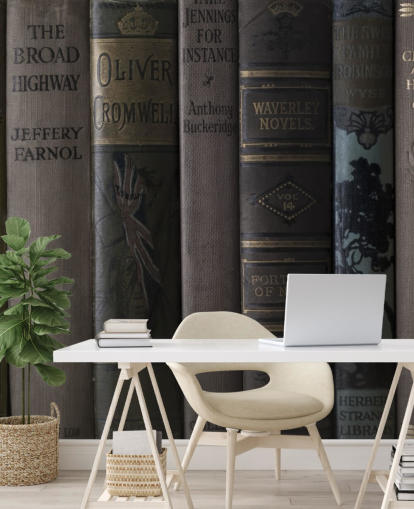 Fotobehang bruine en groene donkere boekenkastmuurschildering genaamd Old Books on a Shelf