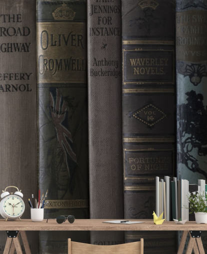 mural de estante escura marrom e verde chamado Old Books on a Shelf Wall Mural