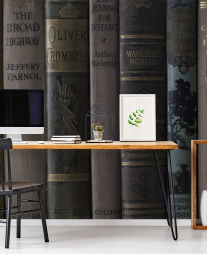 mural de estantería oscura marrón y verde llamado Old Books on a Shelf Wall Mural