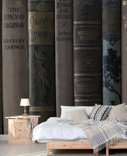 braunes und grünes dunkles Bücherregal-Wandbild namens Old Books on a Shelf Wandbild braunes und grünes dunkles Bücherregal-Wandbild namens Old Books on a Shelf Wandbild