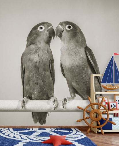 black and white bird mural called Love Birds by Assaf Frank